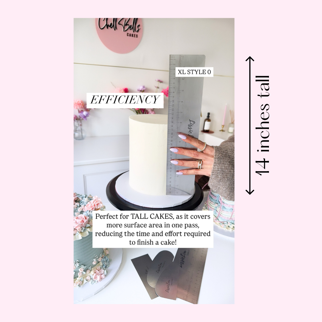 Cake decorating tool with a ruler indicating size and text about efficiency for tall cakes.