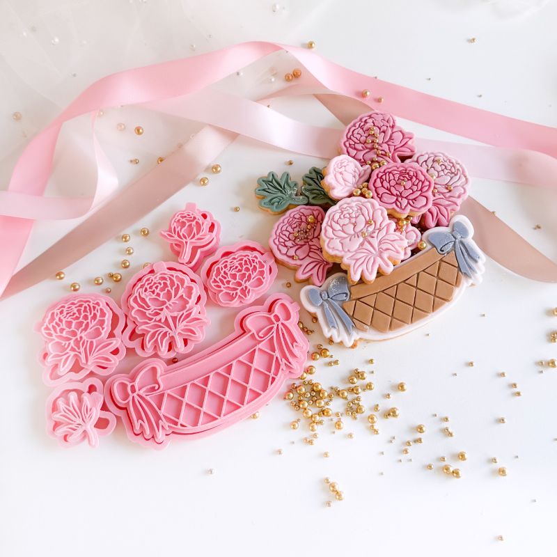 Peony Basket Basket Flower Set Cookie Cutters & Stamps