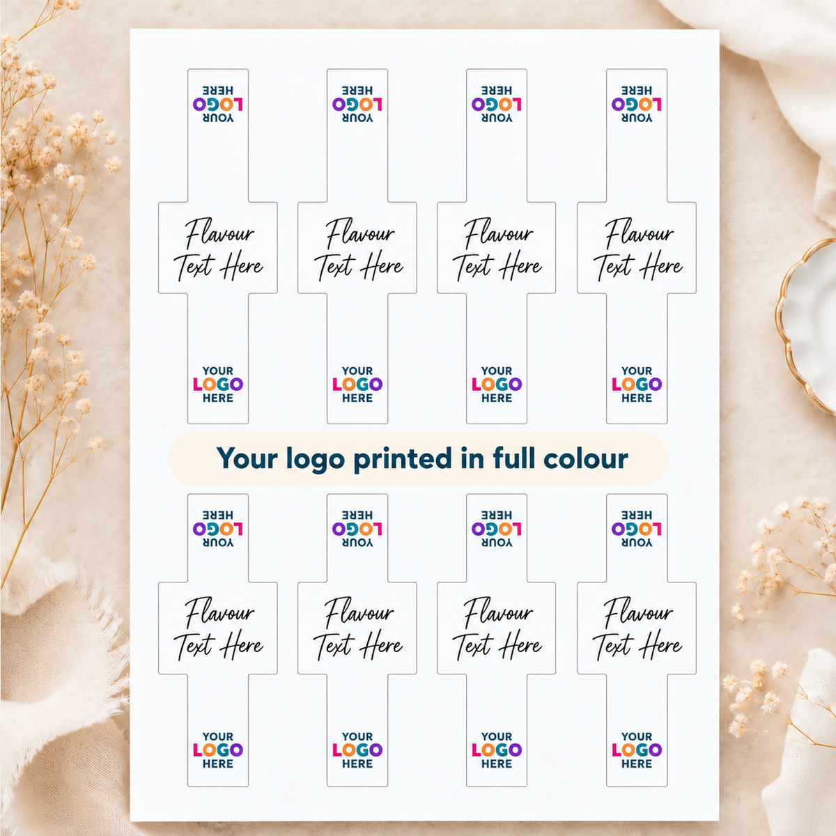 Personalised Flavour & Logo Packaging Stickers: Full Colour - 1 Sheet (8 stickers)