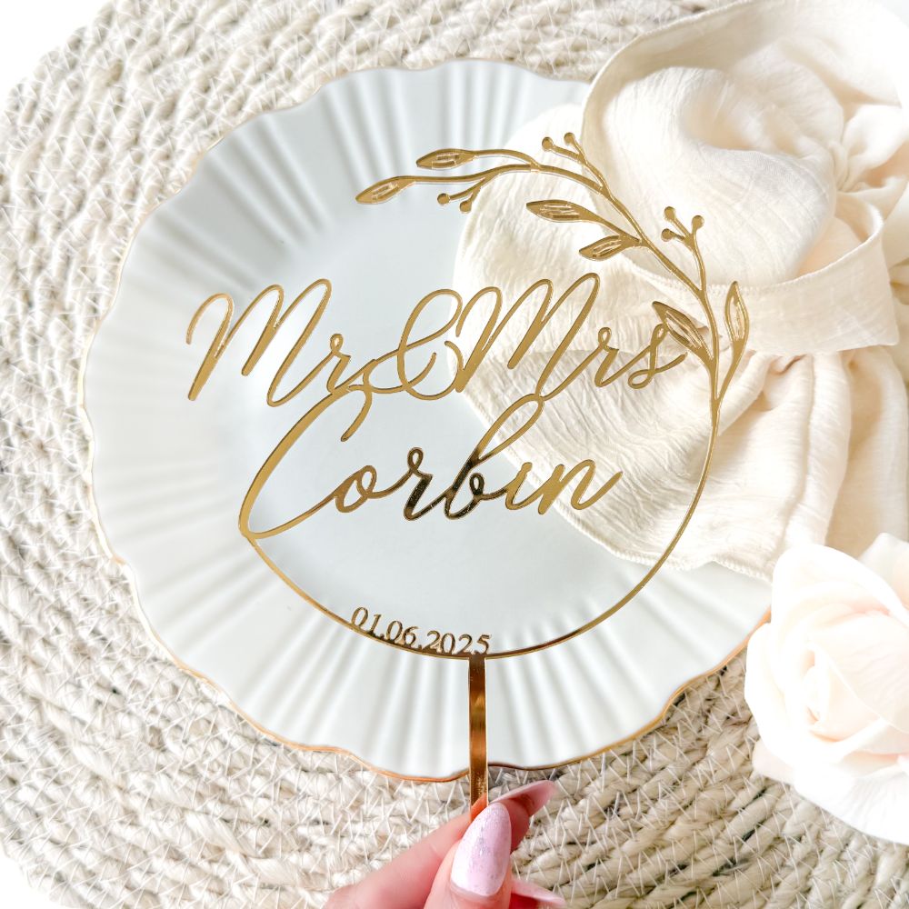 Floral Circle Wedding Custom Cake Topper or Cake Motif Premium 3mm Acrylic or Birch Wood