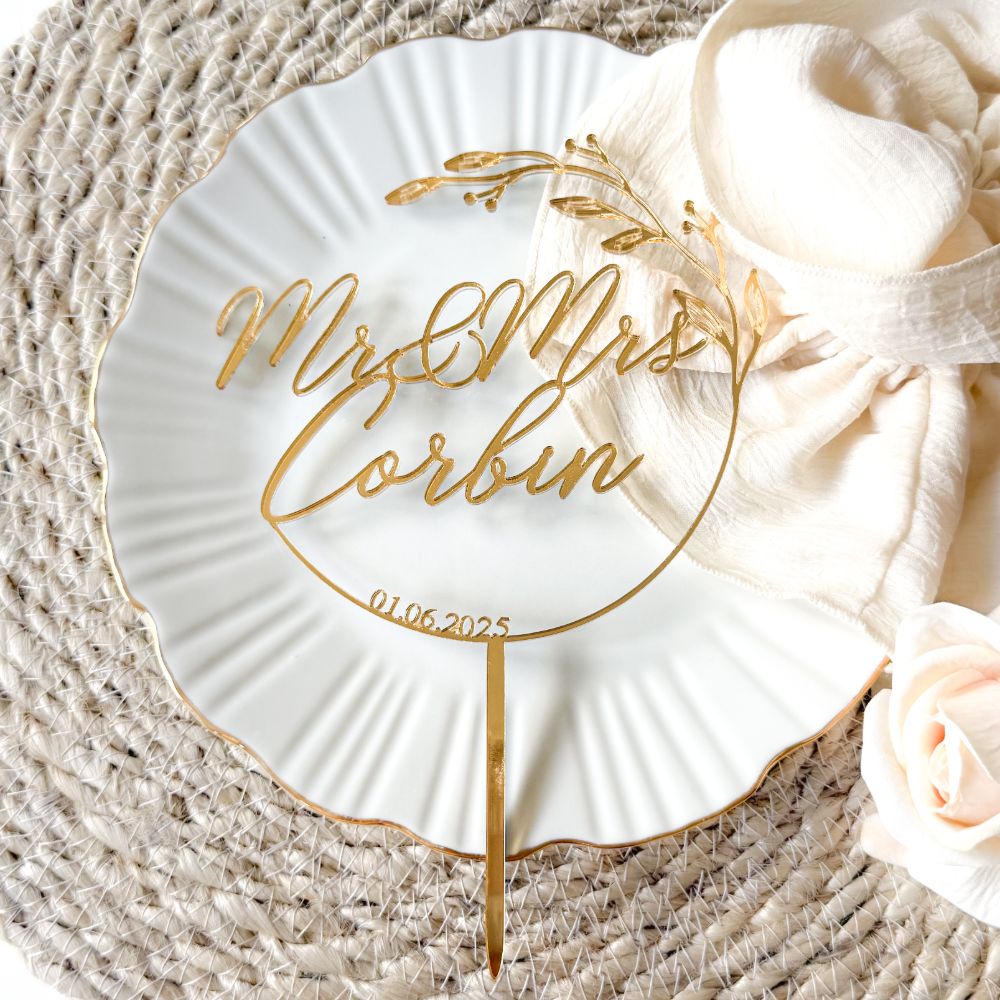 Floral Circle Wedding Custom Cake Topper or Cake Motif Premium 3mm Acrylic or Birch Wood
