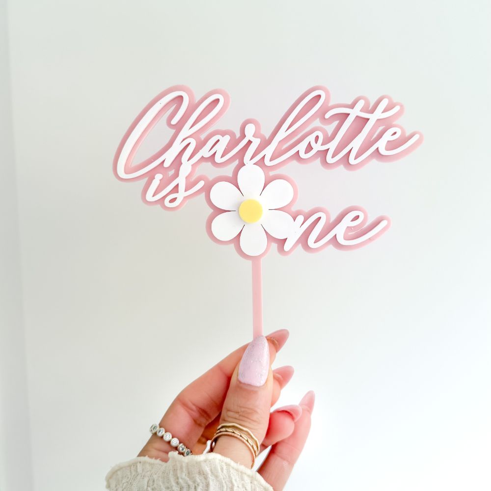 Charlotte Font with Daisy Flower Double Layer Cake Topper or Motif - 1st Birthday Cake Topper
