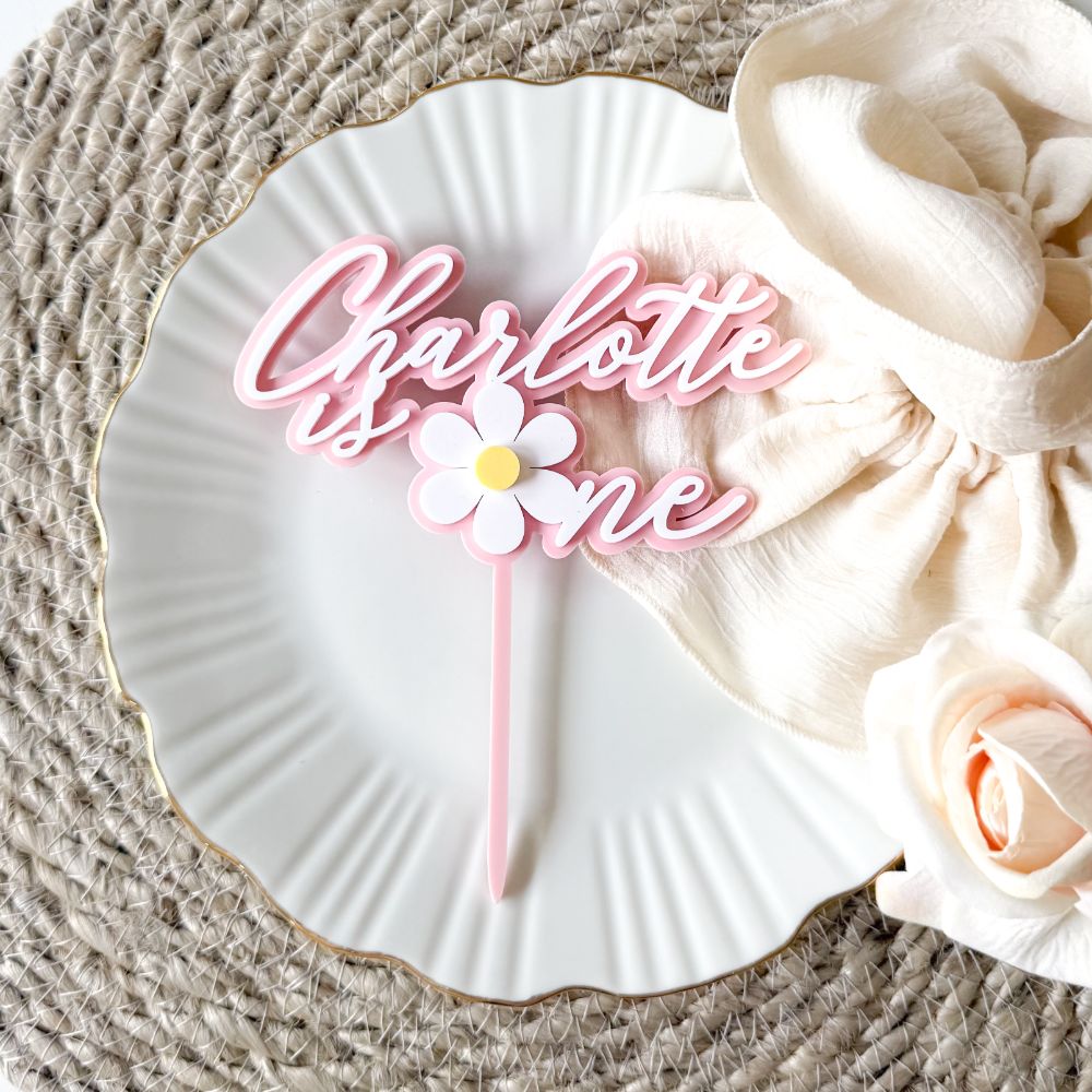 Charlotte Font with Daisy Flower Double Layer Cake Topper or Motif - 1st Birthday Cake Topper