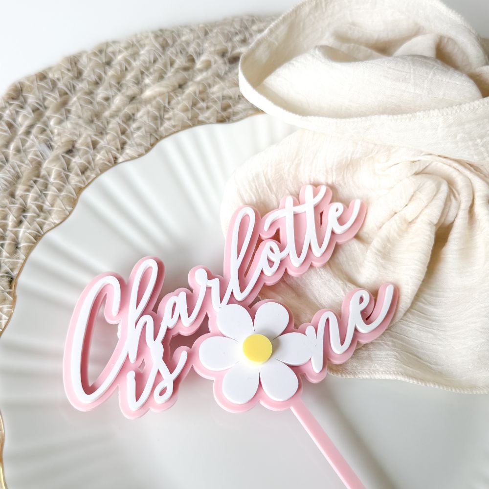Charlotte Font with Daisy Flower Double Layer Cake Topper or Motif - 1st Birthday Cake Topper