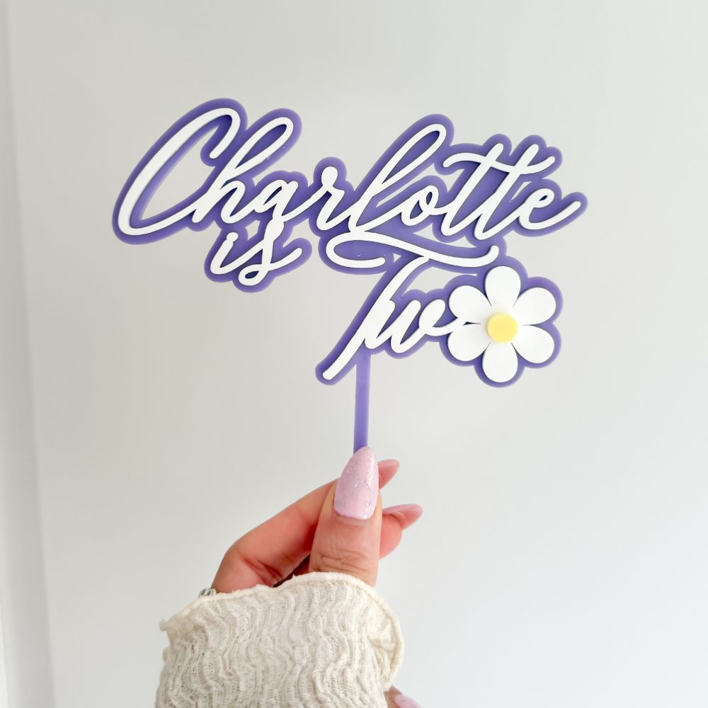 Charlotte is Two Font with Daisy Flower Double Layer Cake Topper or Motif - 2nd Birthday Cake Topper