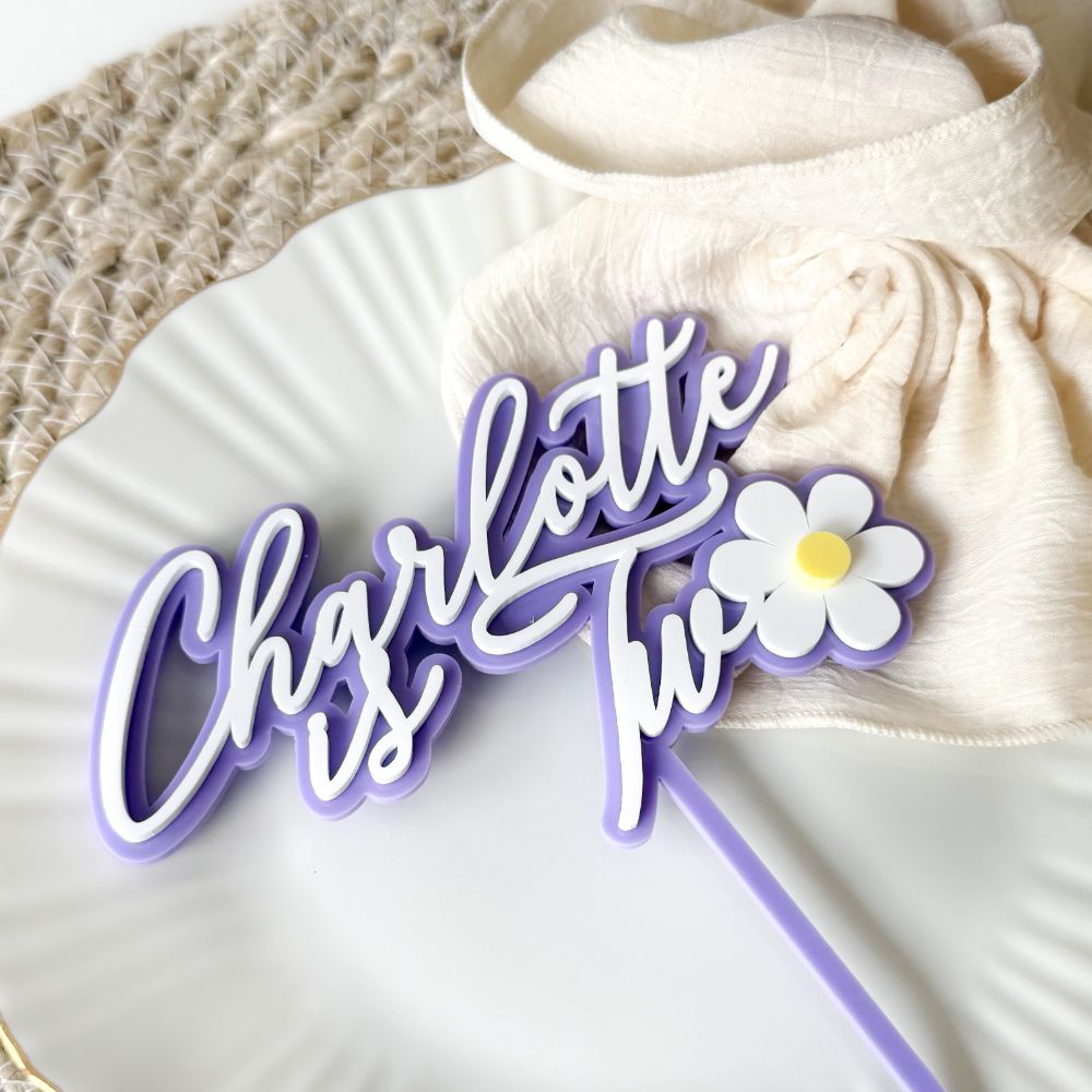Charlotte is Two Font with Daisy Flower Double Layer Cake Topper or Motif - 2nd Birthday Cake Topper