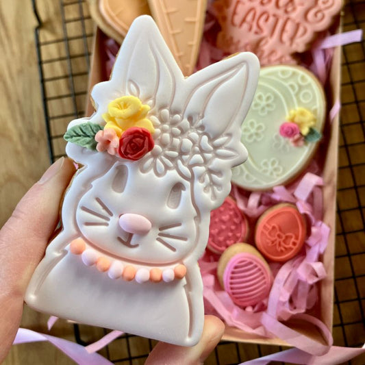Rabbit with Floral Headband Easter Cookie Cutter and Embosser