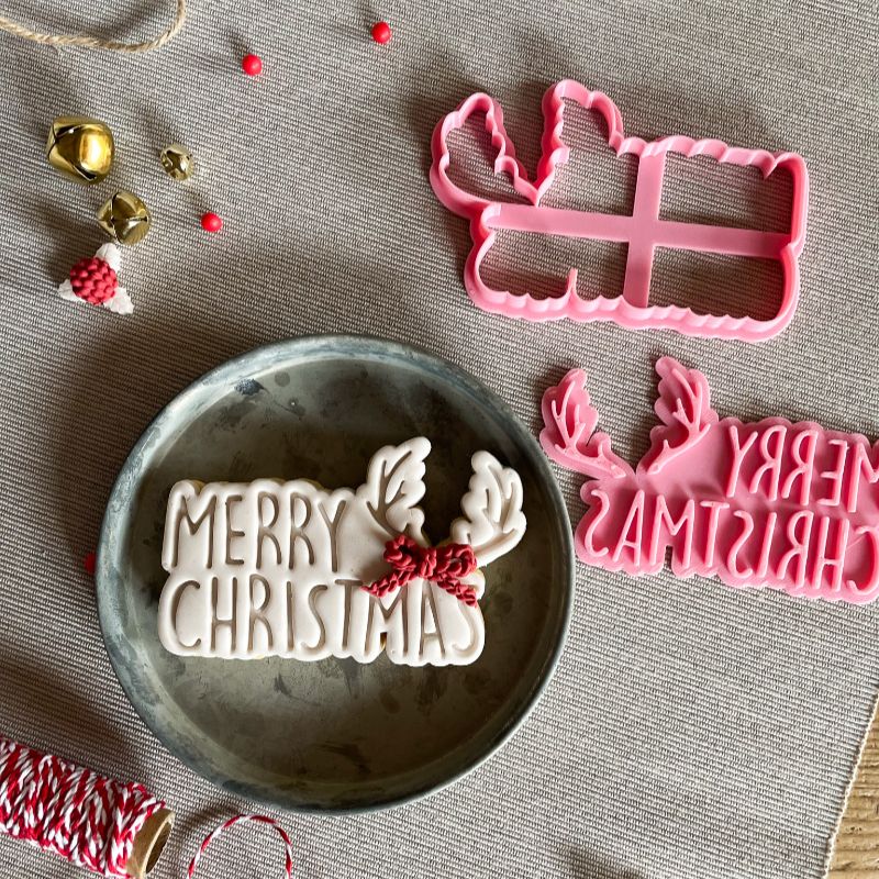 Merry Christmas with Antlers Cookie Cutter and Stamp