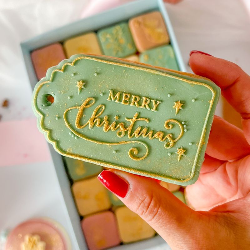 Sparkle Merry Christmas Tag Cookie Embosser and Cutter