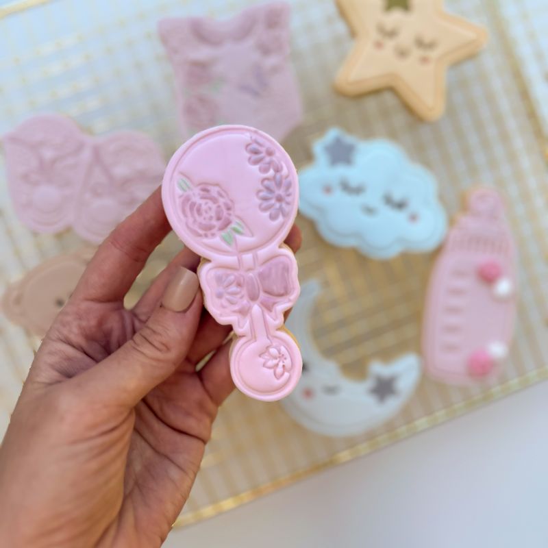 Pretty Flower Baby Rattle Baby Shower Cookie Cutter and Stamp