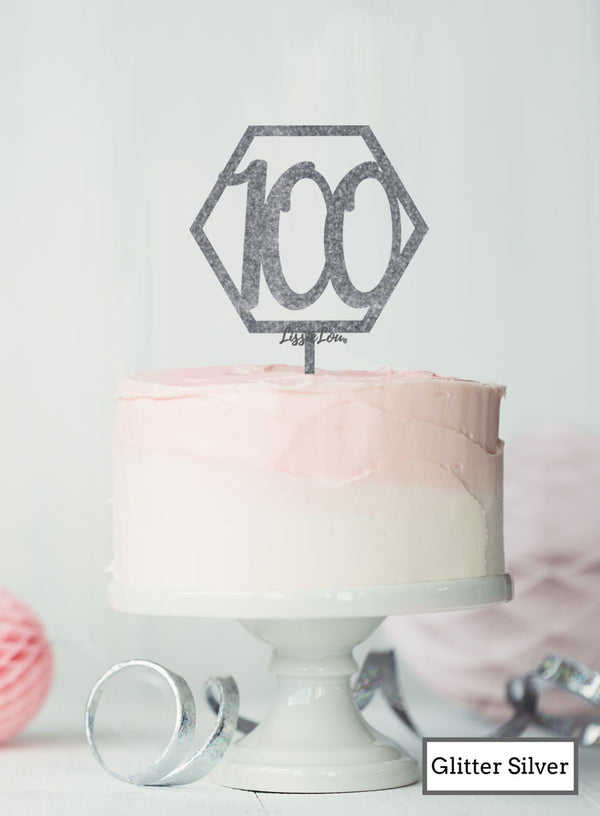 Hexagon 100th Birthday Cake Topper Premium 3mm Acrylic Glitter Silver