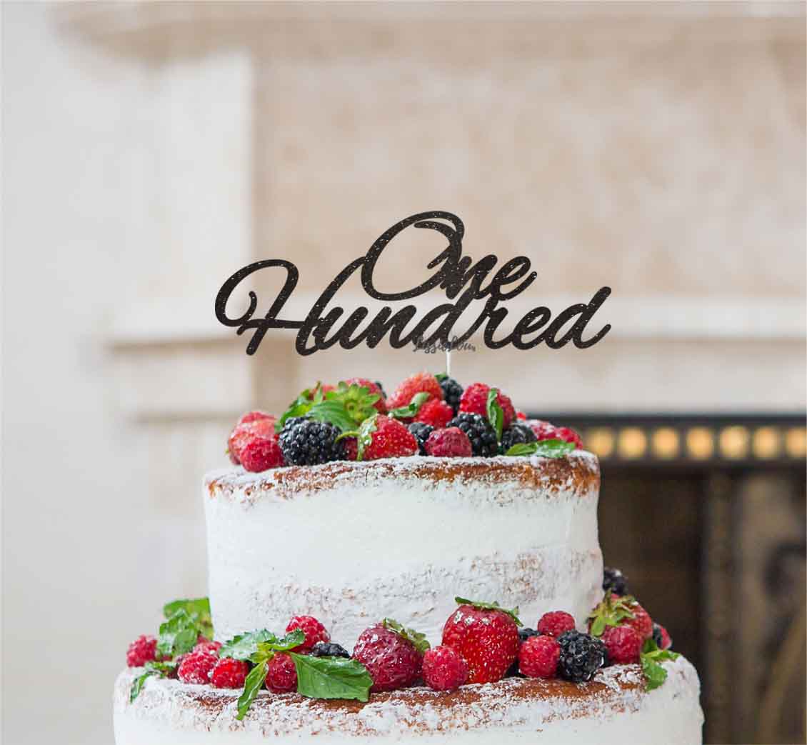 One Hundred Birthday Cake Topper 100th Glitter Card Black