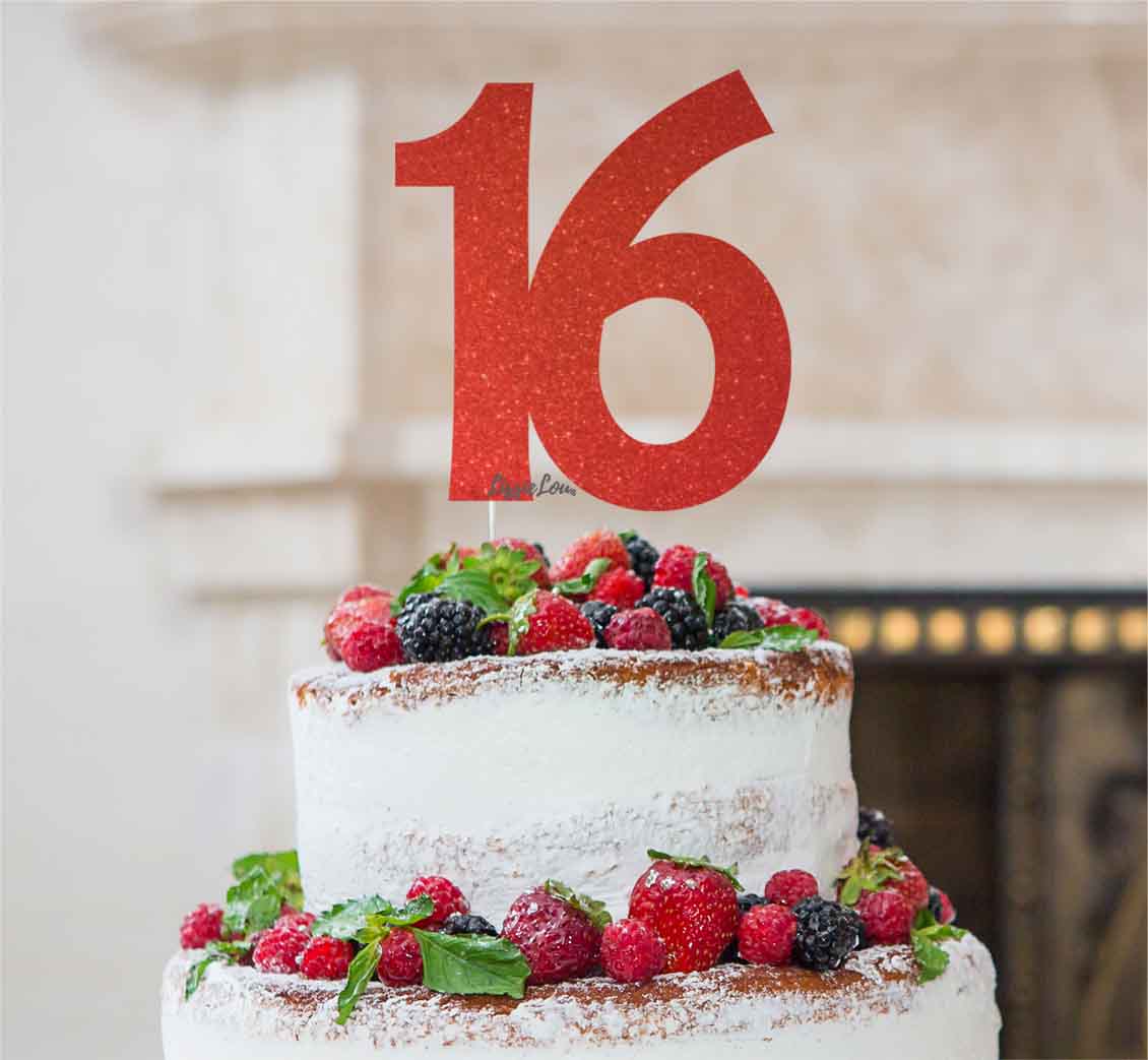 16th Birthday Cake Topper Glitter Card Red
