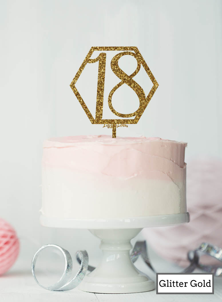 Hexagon 18th Birthday Cake Topper Premium 3mm Acrylic Glitter Gold