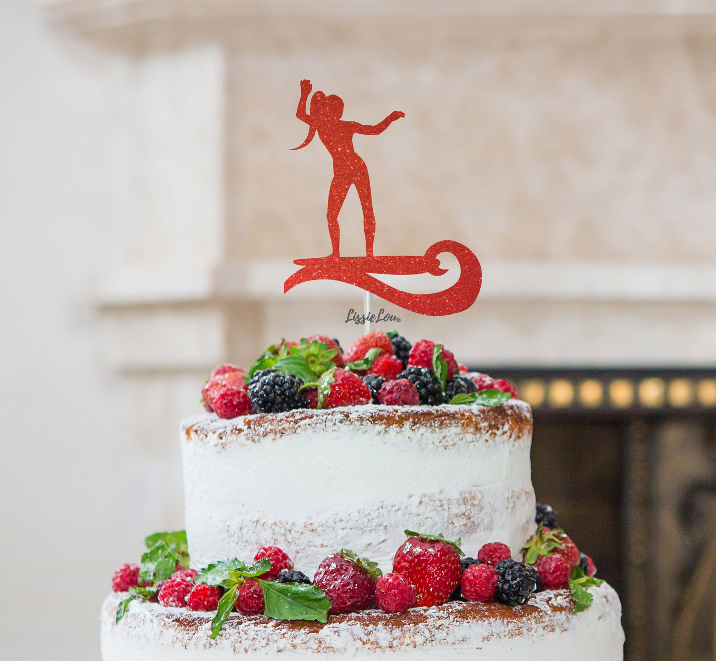 Surfer Female Cake Topper Glitter Card Red