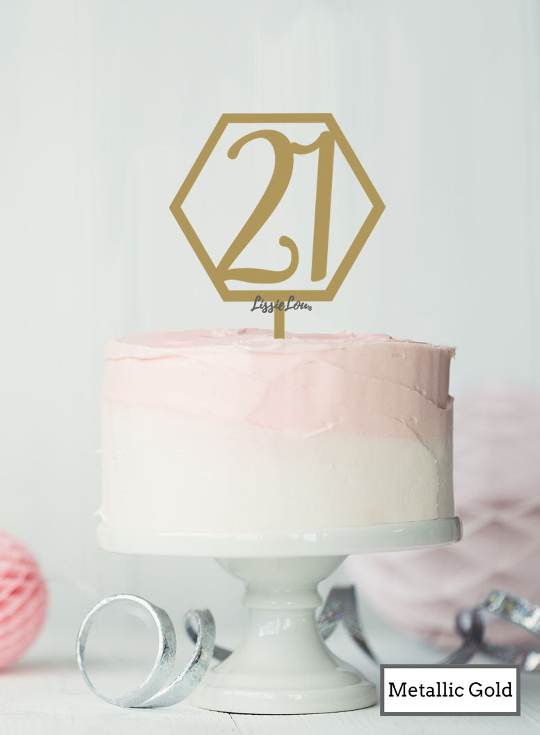 Hexagon 21st Birthday Cake Topper Premium 3mm Acrylic Metallic Gold