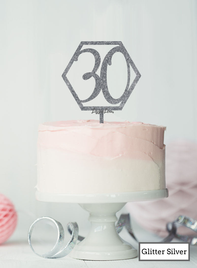 Hexagon 30th Birthday Cake Topper Premium 3mm Acrylic Glitter Silver