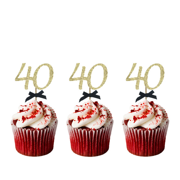 40th Birthday Glitter Cupcake Toppers Gold with Black Bows