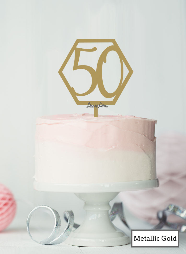 Hexagon 50th Birthday Cake Topper Premium 3mm Acrylic Metallic Gold