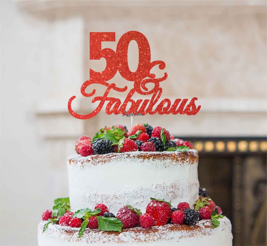 50 & Fabulous Cake Topper 50th Birthday Glitter Card Red