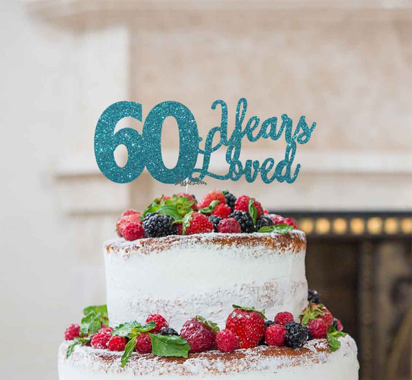 60 Years Loved Cake Topper 60th Birthday Glitter Card Light Blue