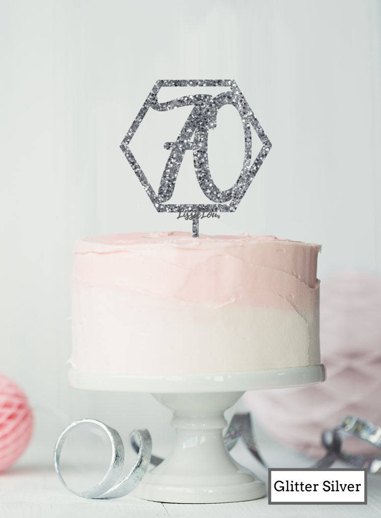 Hexagon 70th Birthday Cake Topper Premium 3mm Acrylic Glitter Silver