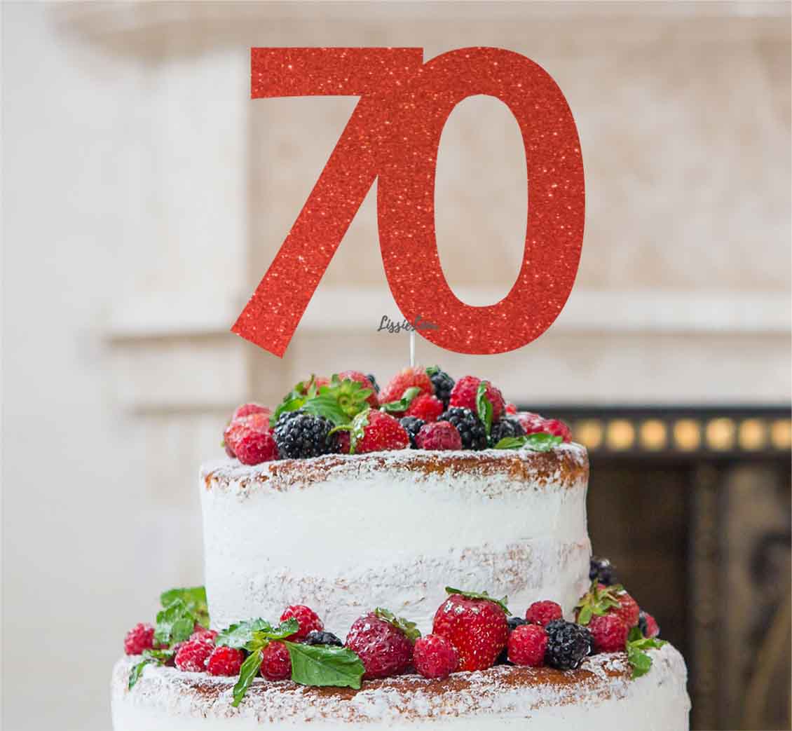 70th Birthday Cake Topper Glitter Card Red