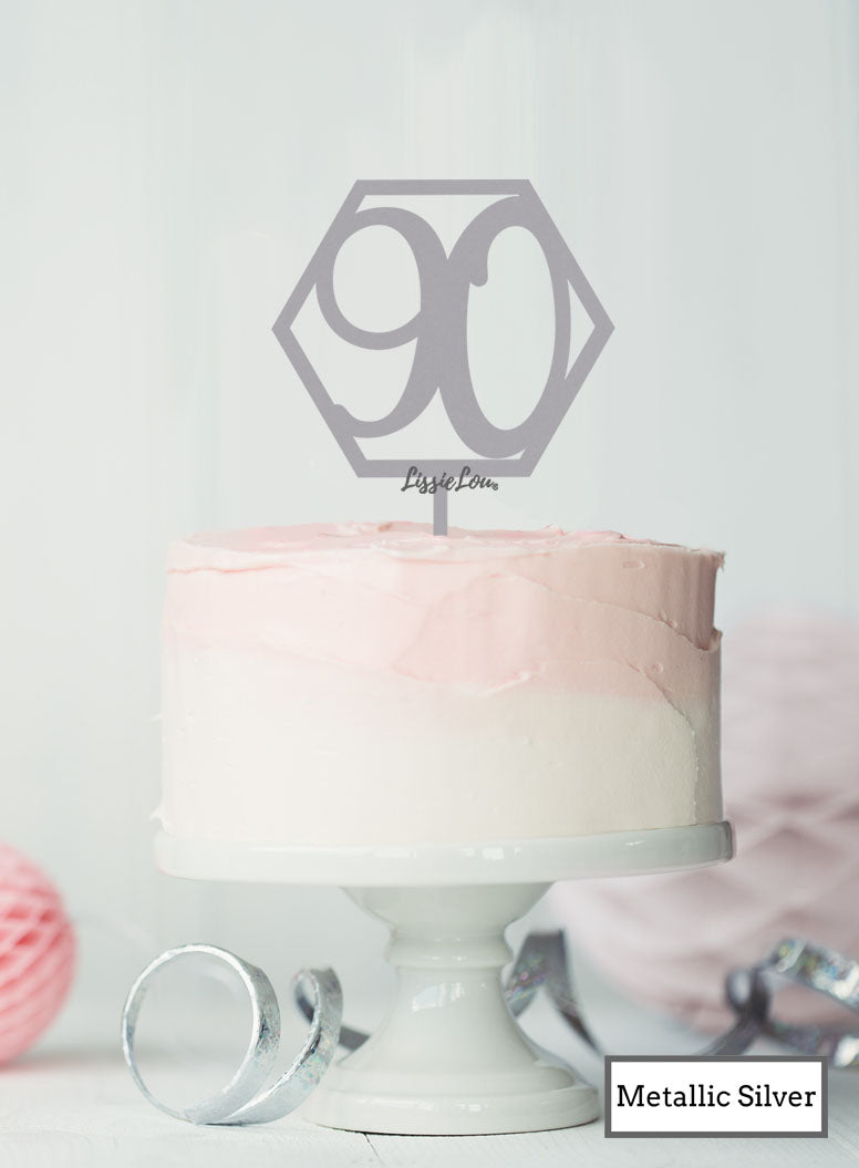 Hexagon 90th Birthday Cake Topper Premium 3mm Acrylic Metallic Silver