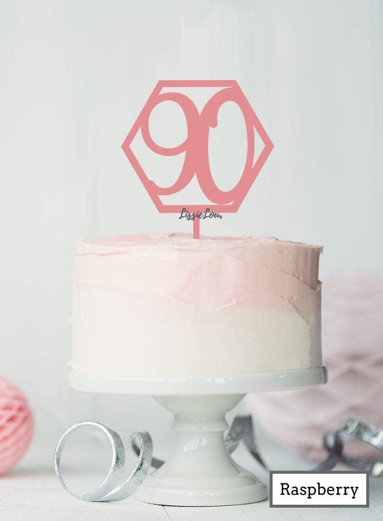 Hexagon 90th Birthday Cake Topper Premium 3mm Acrylic Raspberry