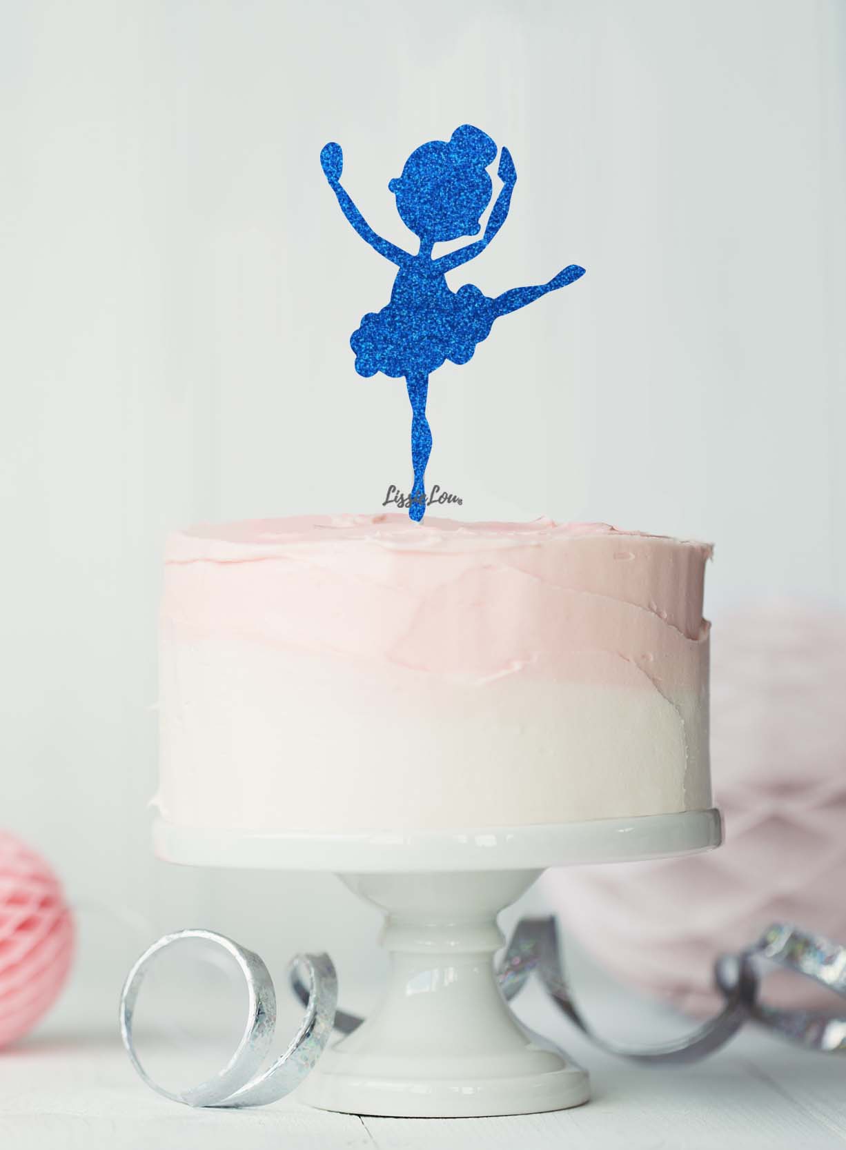 Ballerina Dancing Birthday Cake Topper Glitter Card Dark Blue