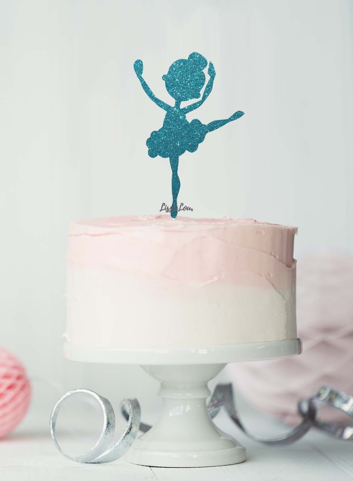 Ballerina Dancing Birthday Cake Topper Glitter Card Light Blue