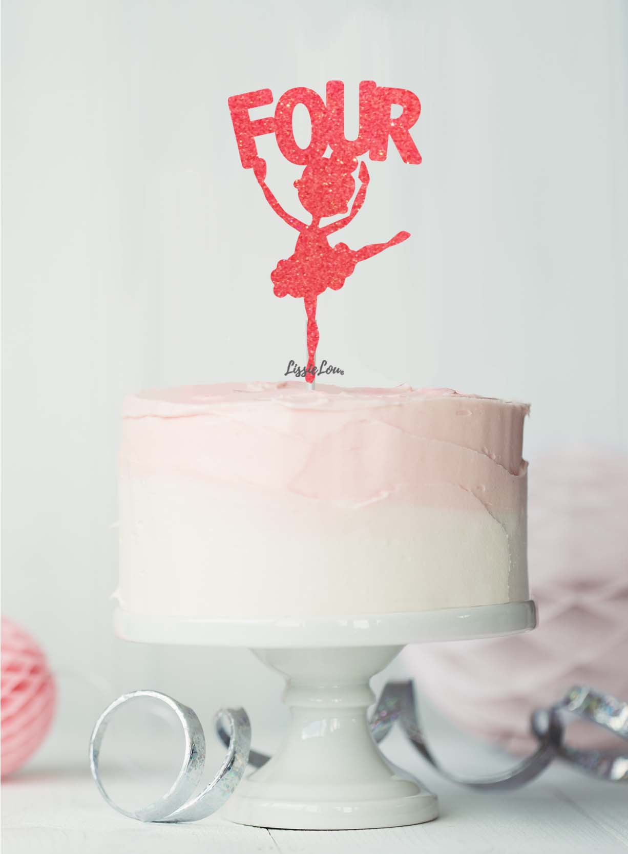 Ballerina Four 4th Birthday Cake Topper Glitter Card Light Pink