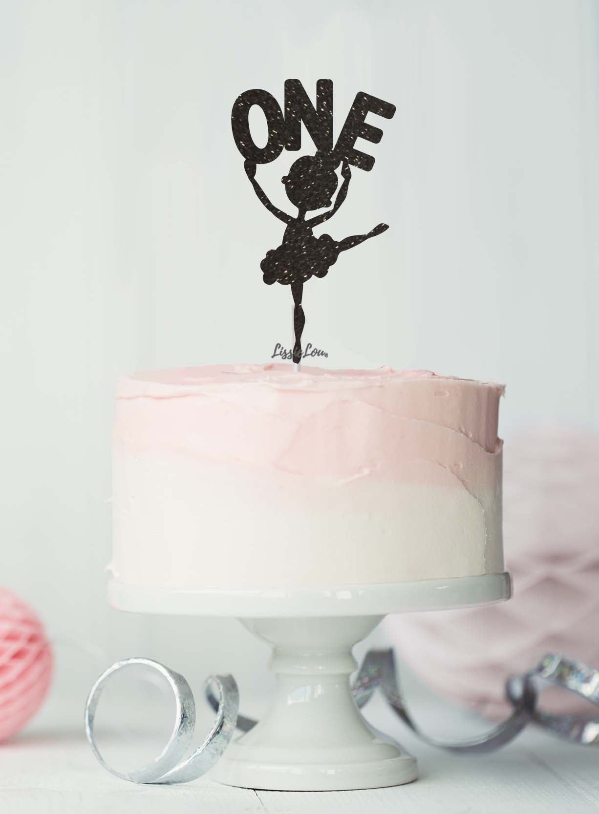 Ballerina One 1st Birthday Cake Topper Glitter Card Black
