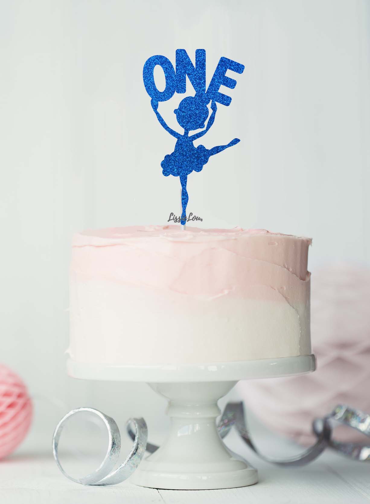 Ballerina One 1st Birthday Cake Topper Glitter Card Dark Blue