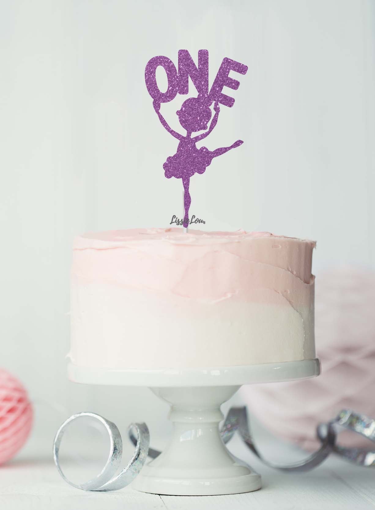 Ballerina One 1st Birthday Cake Topper Glitter Card Light Purple