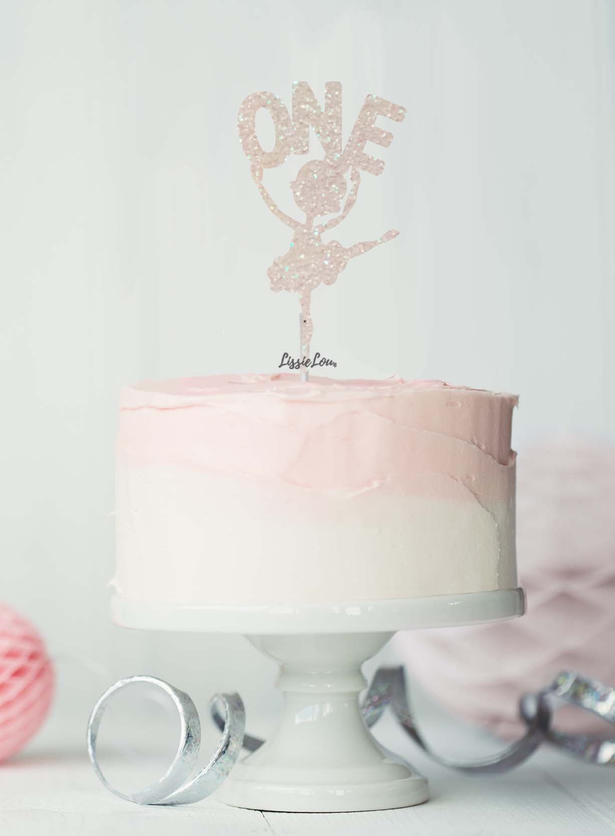 Ballerina One 1st Birthday Cake Topper Glitter Card White