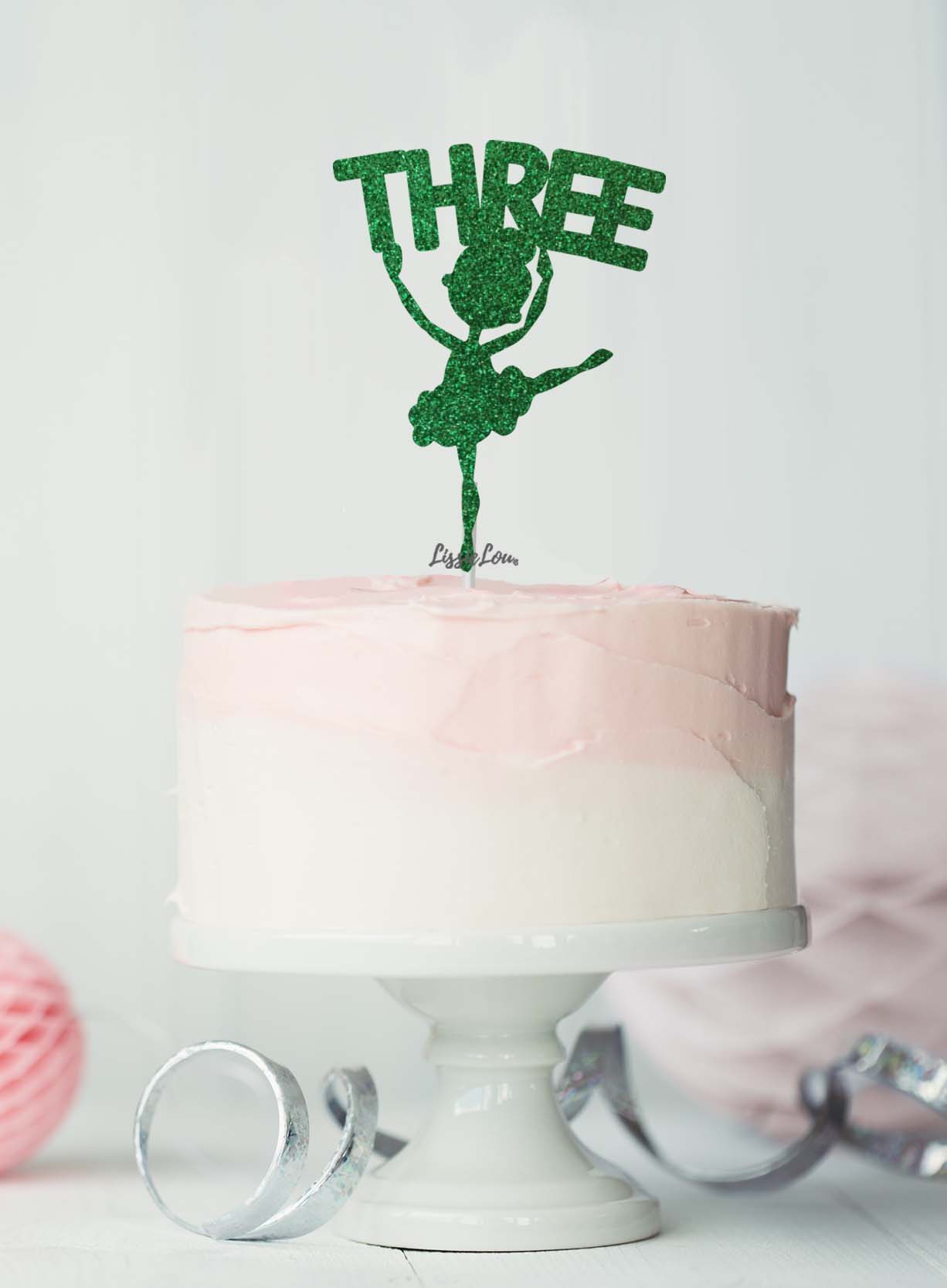Ballerina Three 3rd Birthday Cake Topper Glitter Card Green