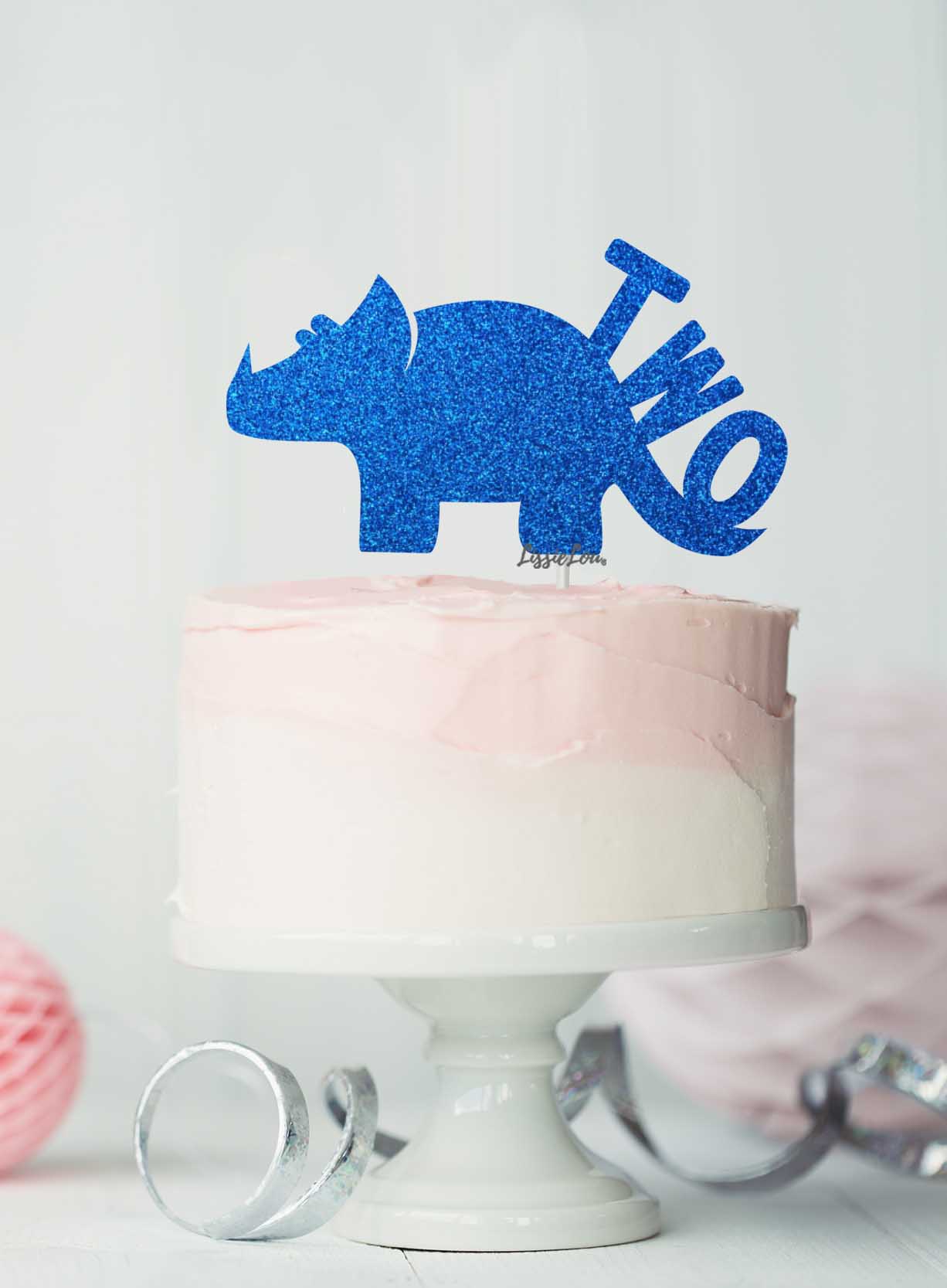 Dinosaur Two 2nd Birthday Cake Topper Glitter Card Dark Blue