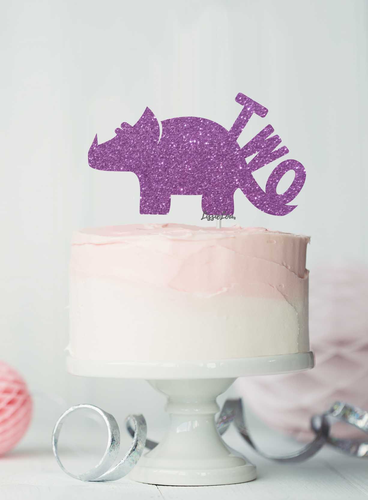 Dinosaur Two 2nd Birthday Cake Topper Glitter Card Light Purple