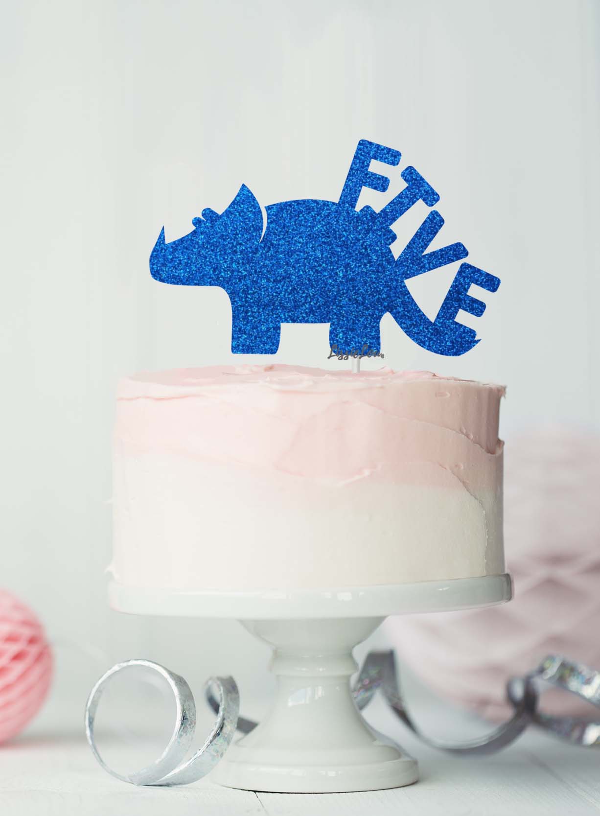 Dinosaur Five 5th Birthday Cake Topper Glitter Card Dark Blue