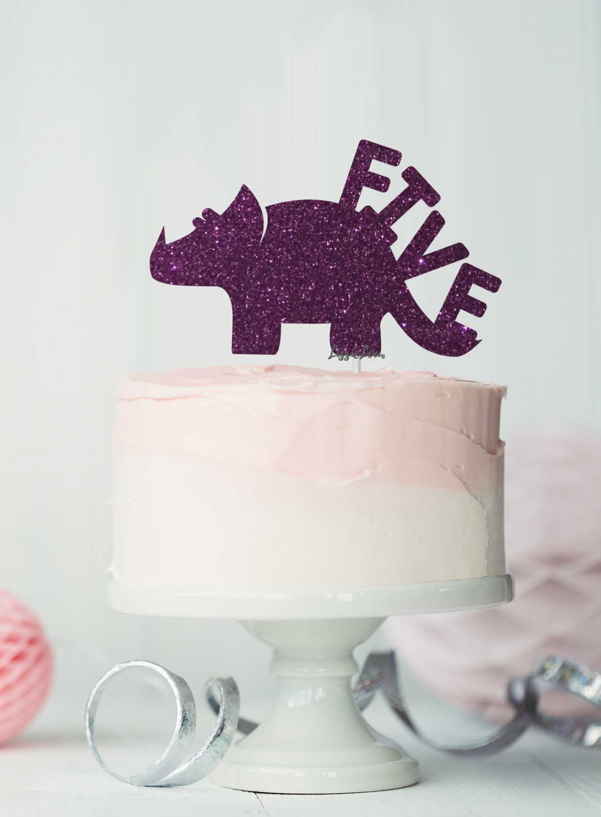 Dinosaur Five 5th Birthday Cake Topper Glitter Card Dark Purple