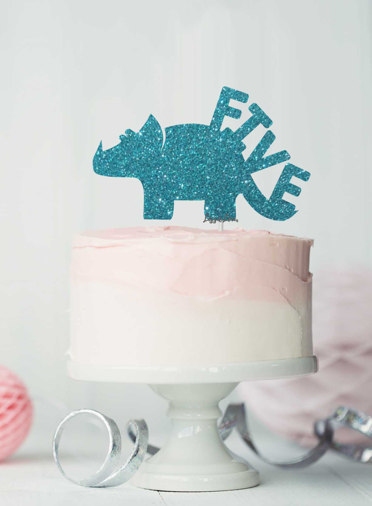 Dinosaur Five 5th Birthday Cake Topper Glitter Card Light Blue