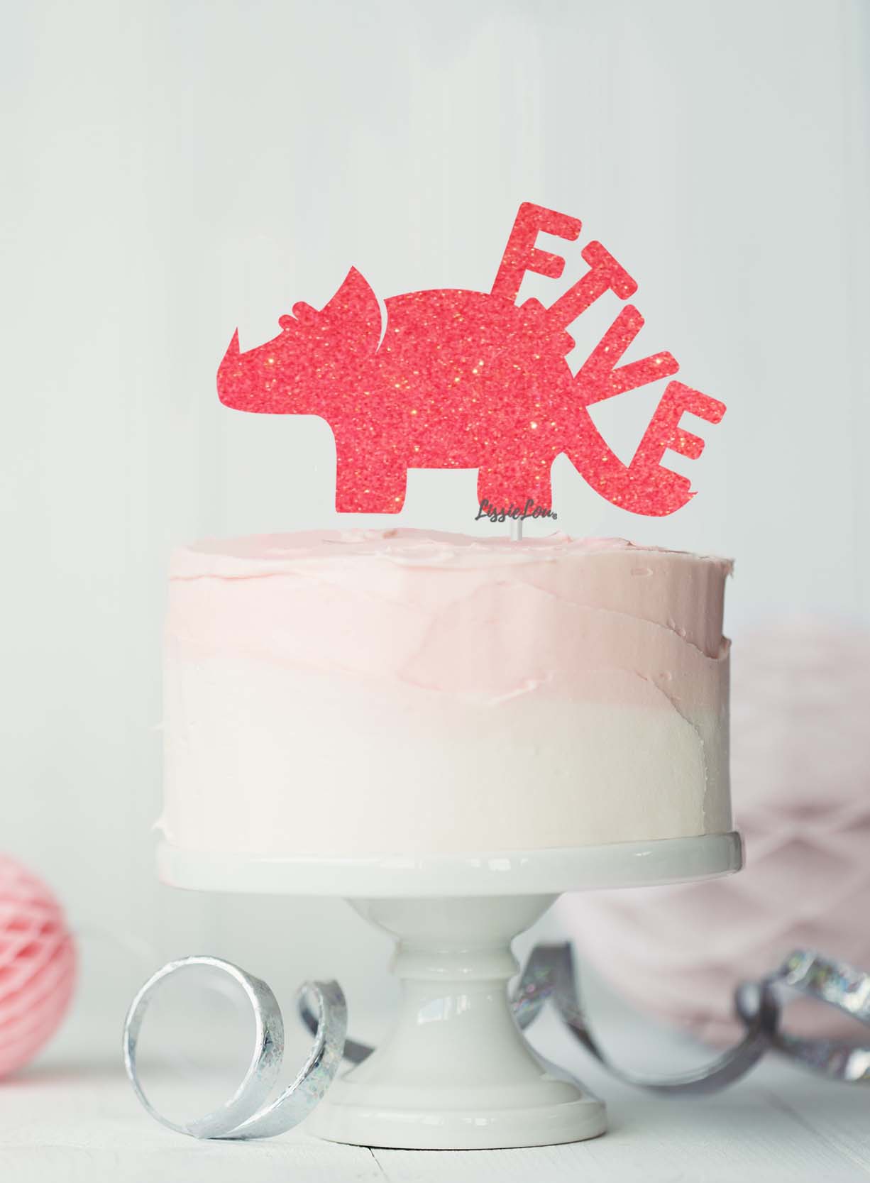 Dinosaur Five 5th Birthday Cake Topper Glitter Card Light Pink