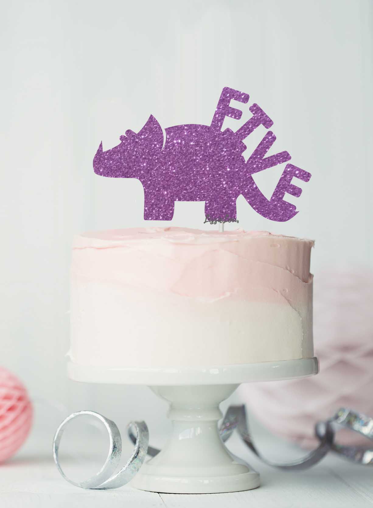 Dinosaur Five 5th Birthday Cake Topper Glitter Card Light Purple