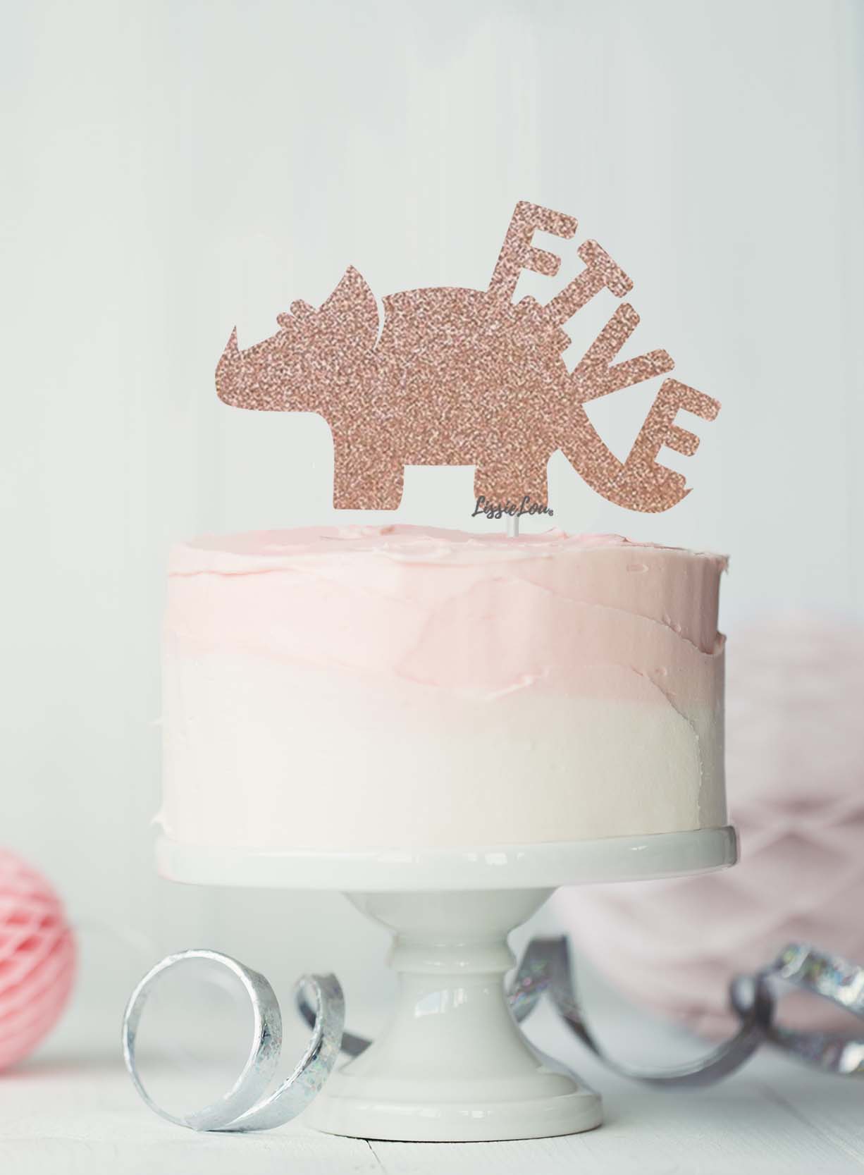 Dinosaur Five 5th Birthday Cake Topper Glitter Card Rose Gold
