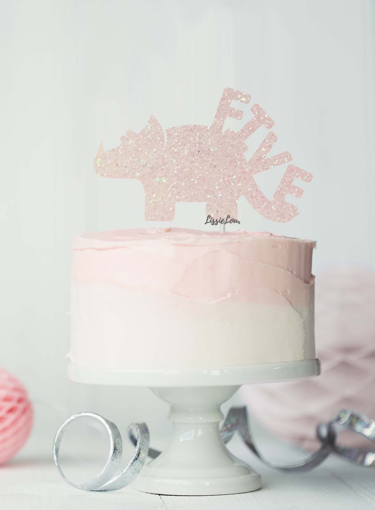 Dinosaur Five 5th Birthday Cake Topper Glitter Card White