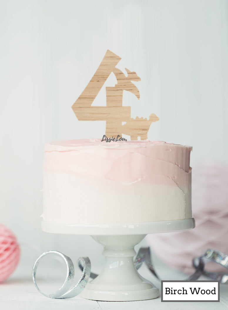 Eco Friendly Number Four Dinosaur Fun Cake Topper Premium 3mm Birch Wood