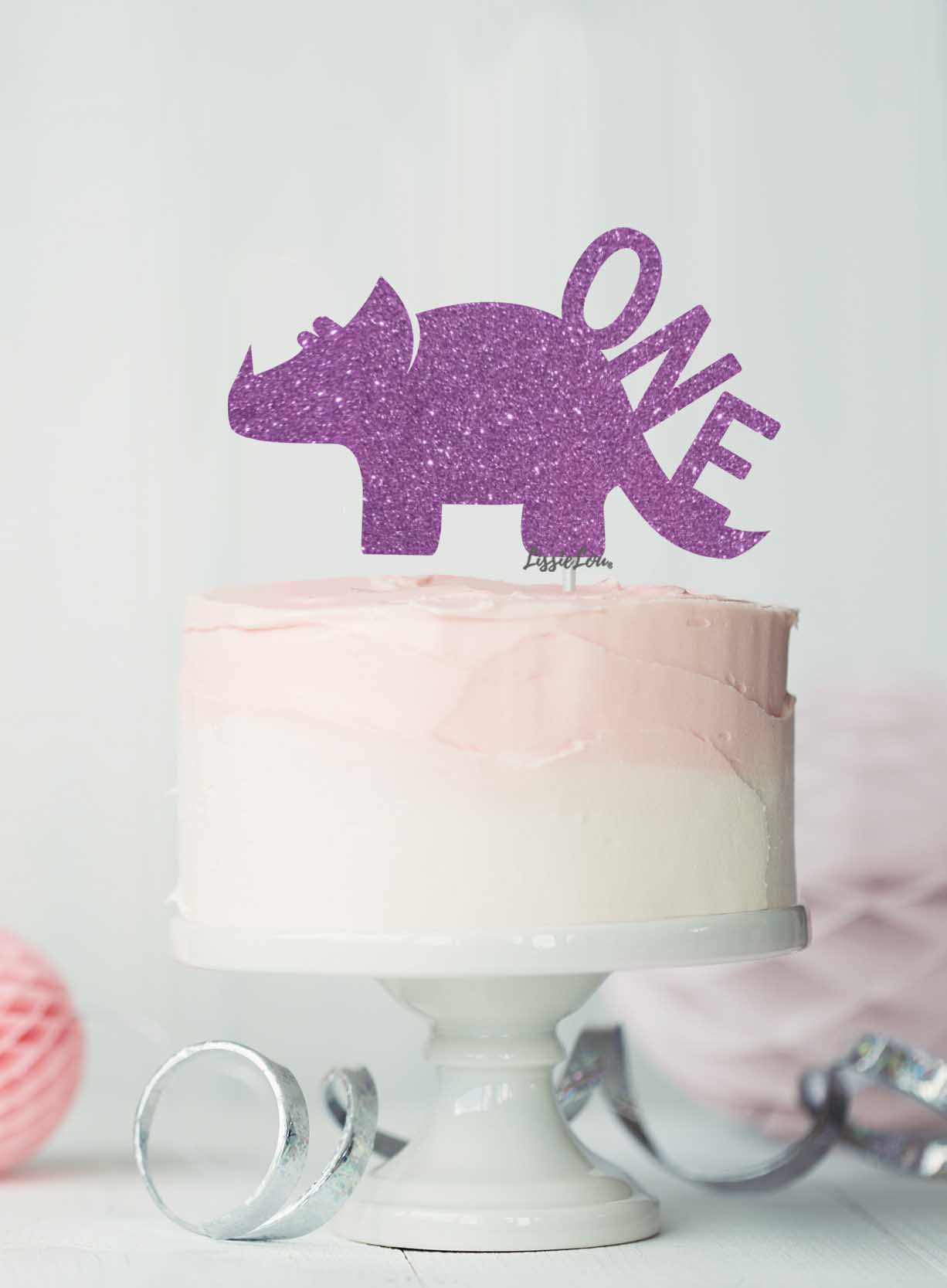 Dinosaur One 1st Birthday Cake Topper Glitter Card Light Purple