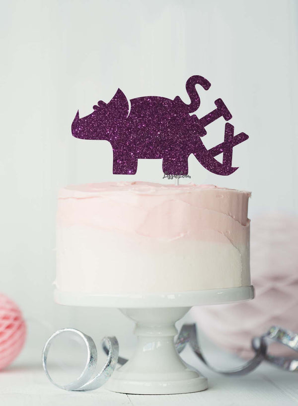 Dinosaur Six 6th Birthday Cake Topper Glitter Card Dark Purple