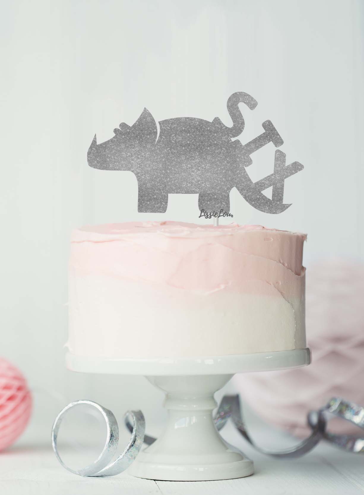 Dinosaur Six 6th Birthday Cake Topper Glitter Card Silver
